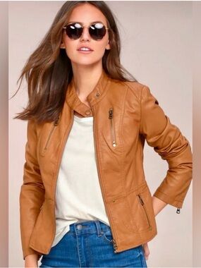 Lulu's Camel Faux Leather Moto Jacket